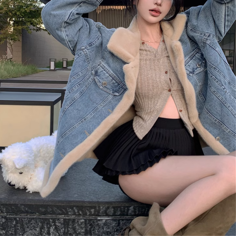 Women''s American Two-Wear Plush Denim Coat