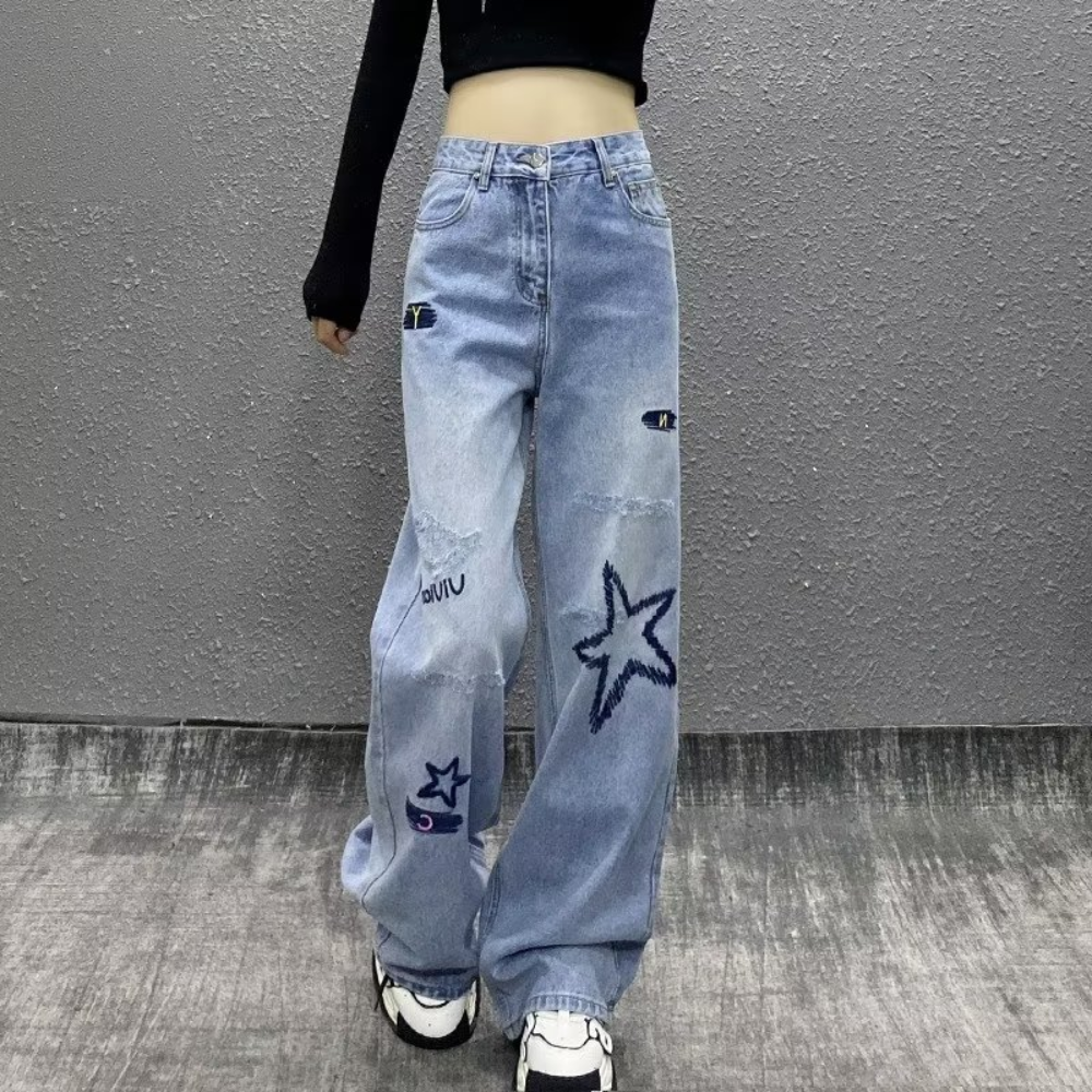 Women's High Street Letter Star Embroidered Jeans