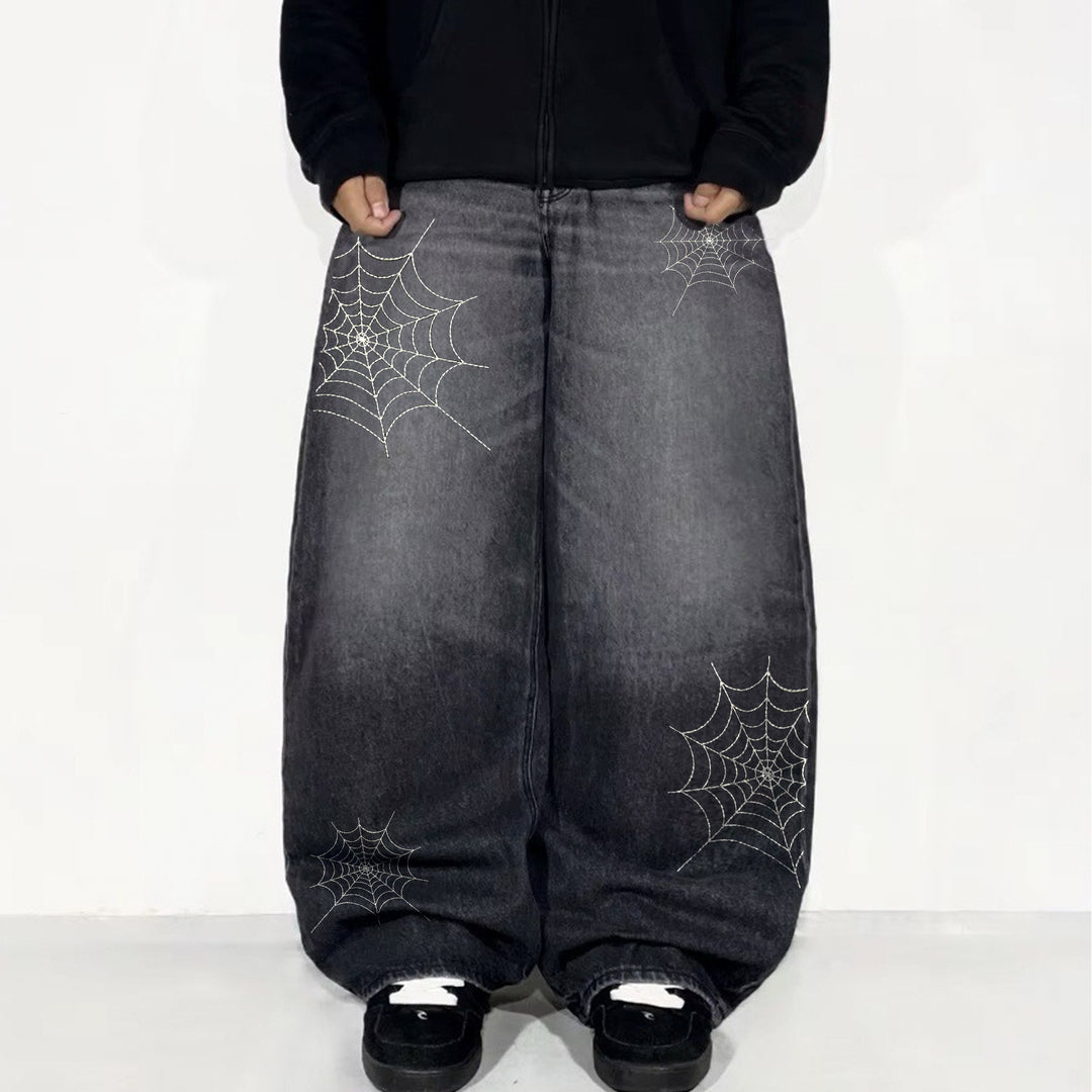 Vintage Embroidered Jeans with Spider Web Design