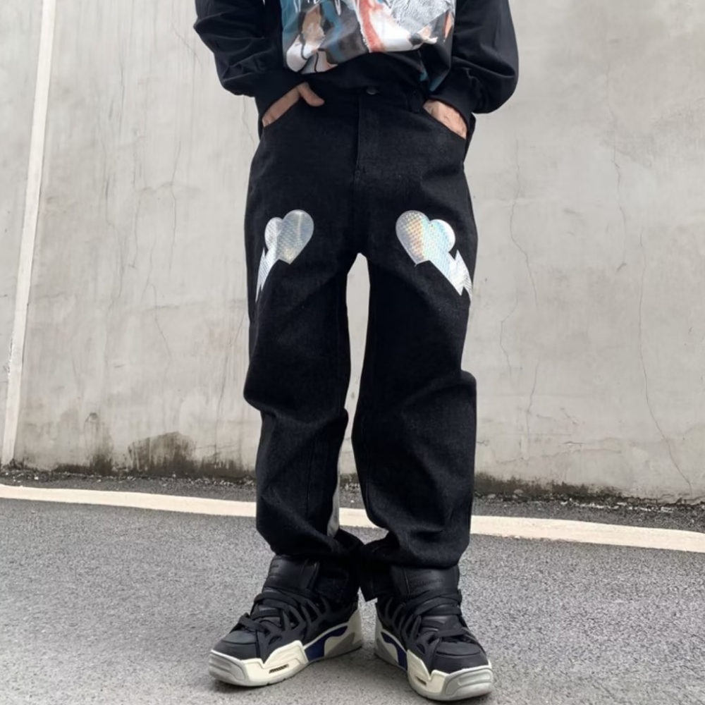 DF| Shiny Heart Letter Patch Jeans