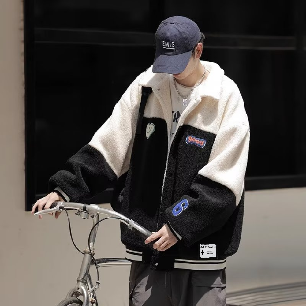OOC' Heart Embroidery Colorblock Lapel Sherpa Coat
