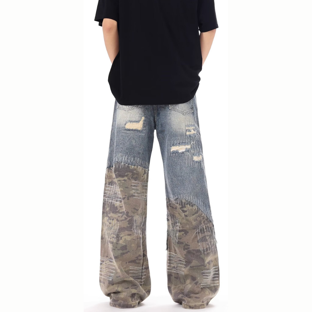 DF|Distressed Camouflage Panel Jeans