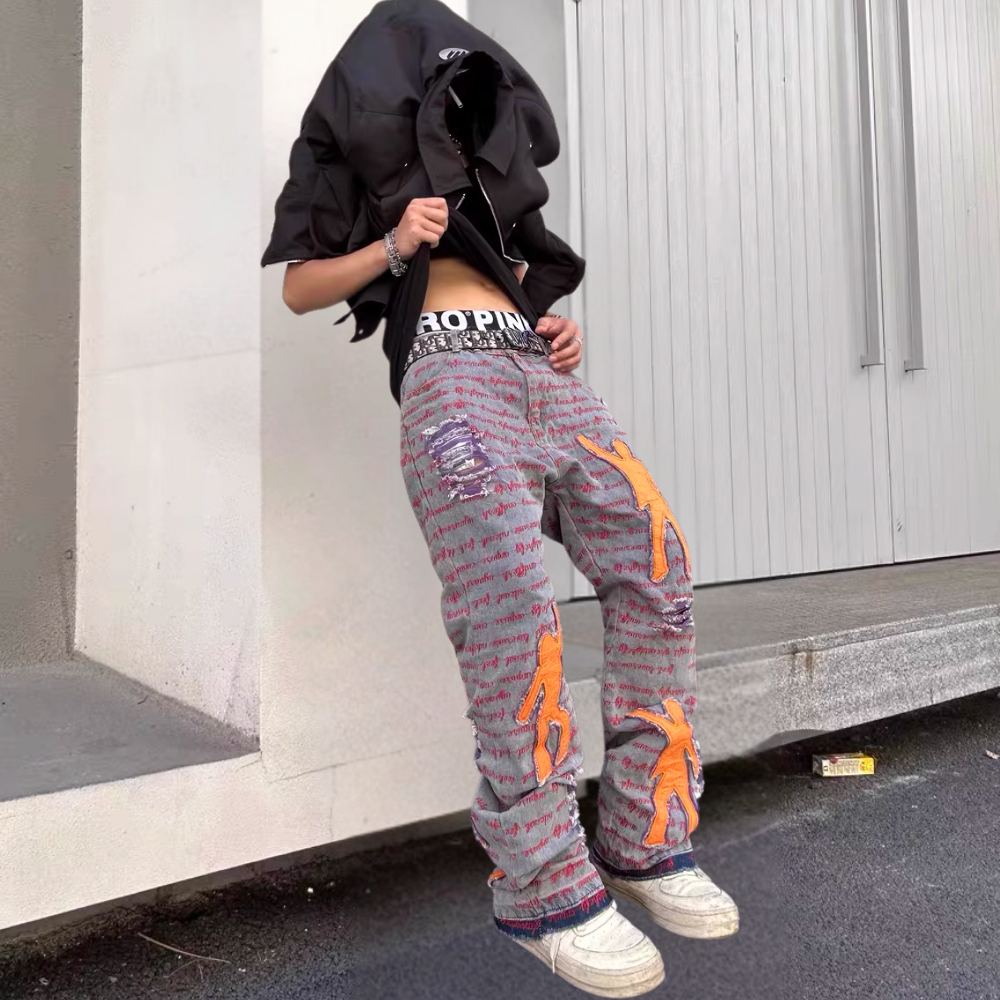 DF |Ripped Portrait Patch Embroidered Jeans