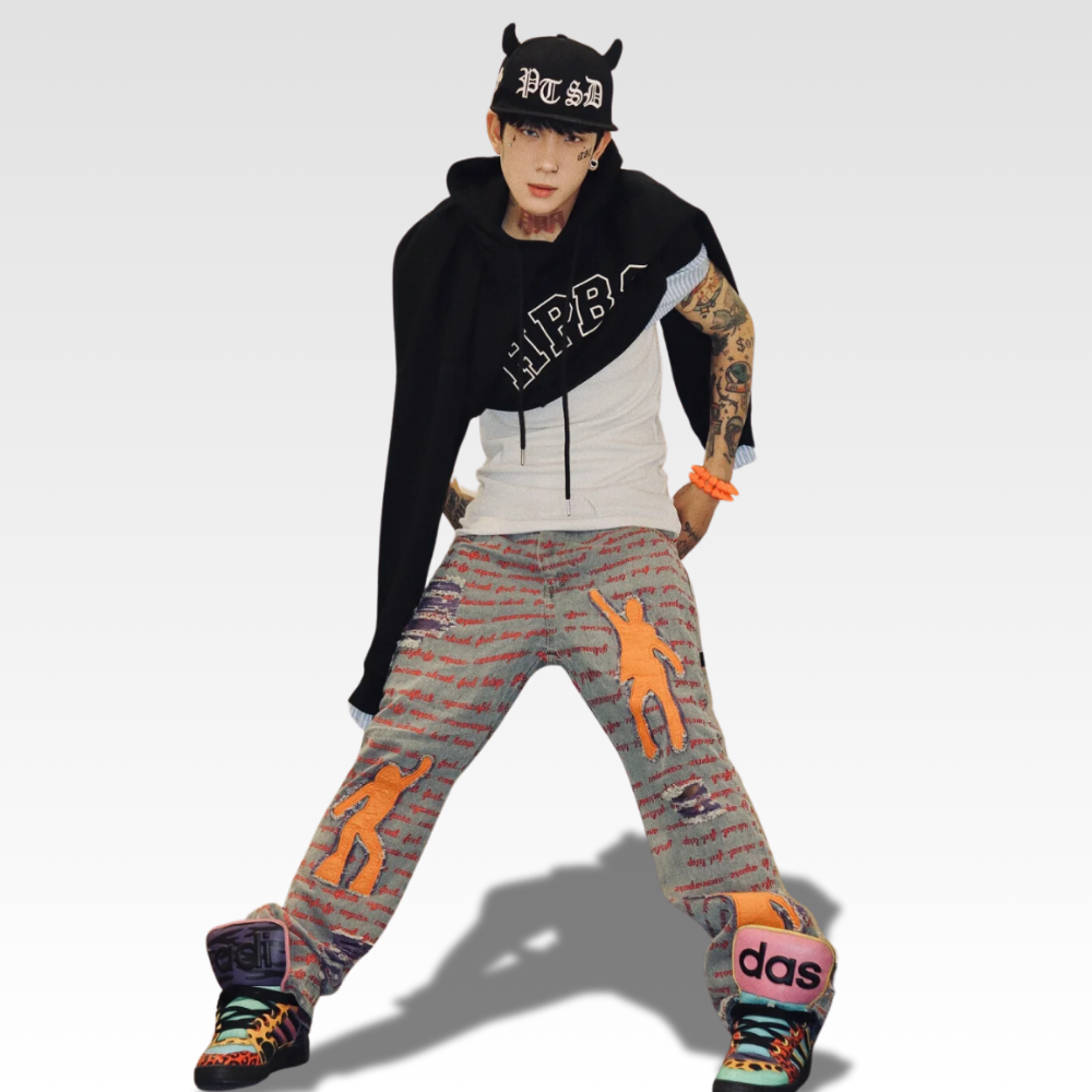 DF |Ripped Portrait Patch Embroidered Jeans