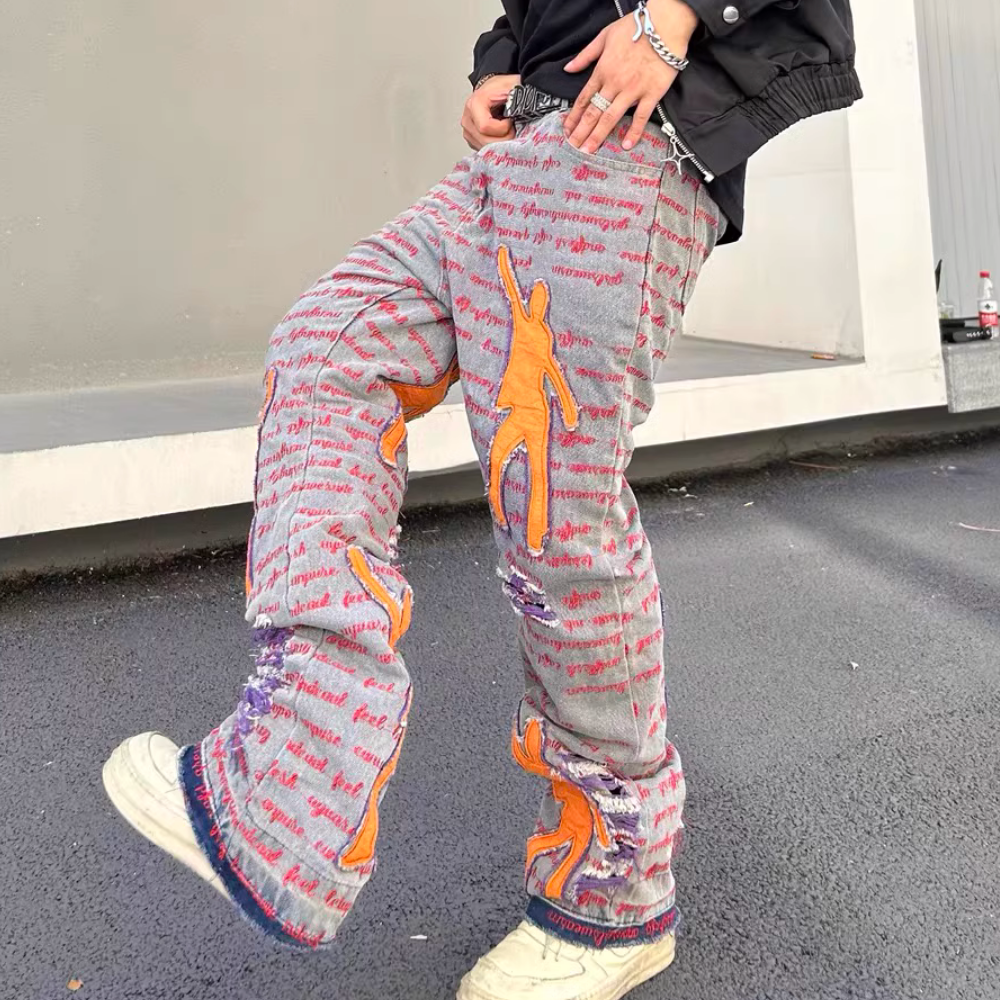 DF |Ripped Portrait Patch Embroidered Jeans