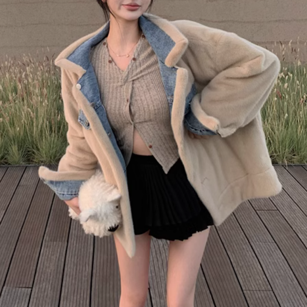 Women''s American Two-Wear Plush Denim Coat