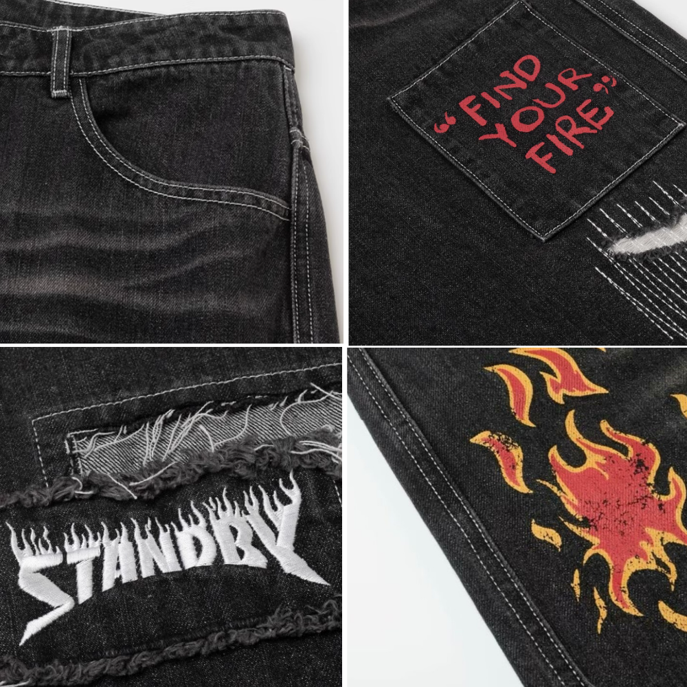 DF |Street Graffiti Patched Flame Jeans