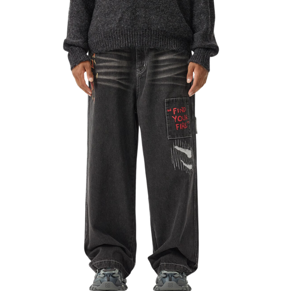 DF |Street Graffiti Patched Flame Jeans