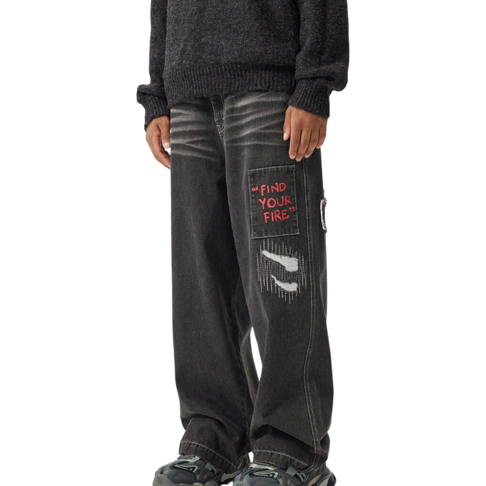 DF |Street Graffiti Patched Flame Jeans