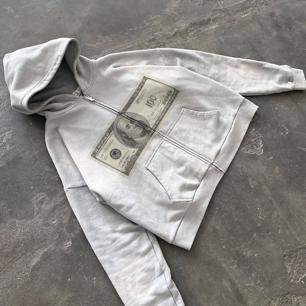 Evokyn Vintage Money Print Graphic Zip Up Hoodie