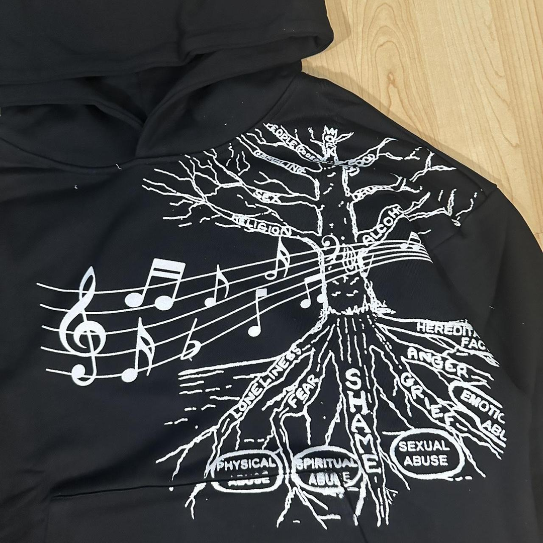 Unseen Echoes “Roots of Noise” Hoodie — Black Tree Graphic Print