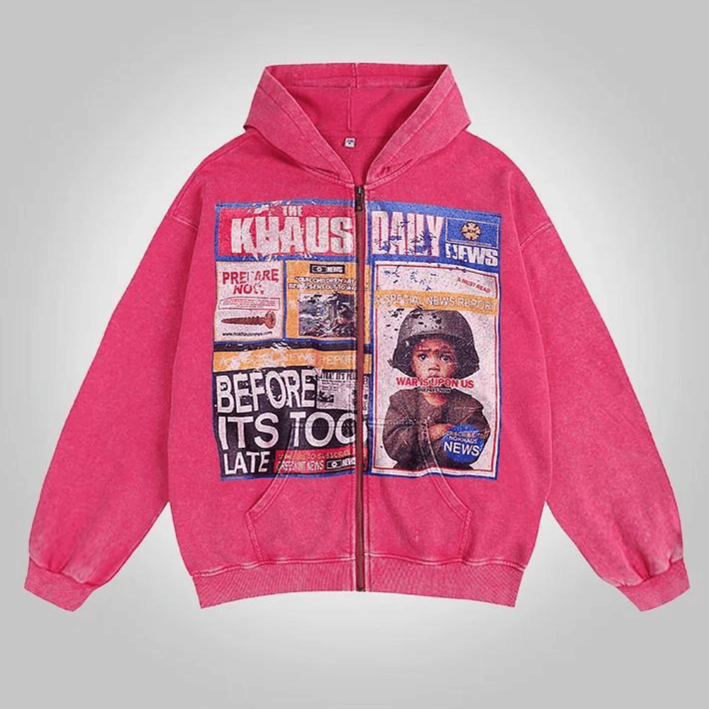 Vintage Washed “Chaos Daily” Newspaper Graphic Zip Hoodie