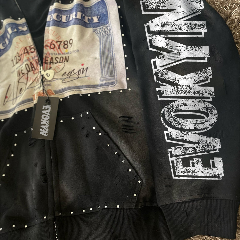 Evokyn Rhinestone Vintage Washed Social Security Zip Hoodie