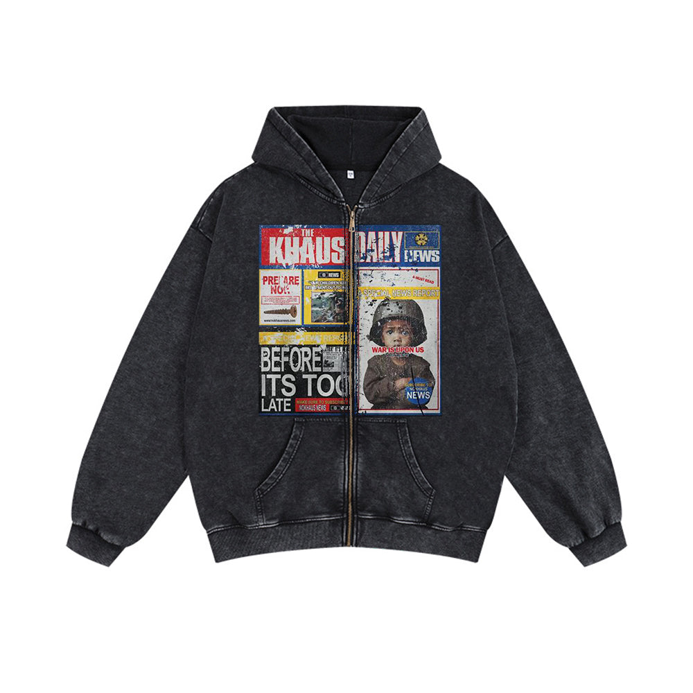 Vintage Washed “Chaos Daily” Newspaper Graphic Zip Hoodie