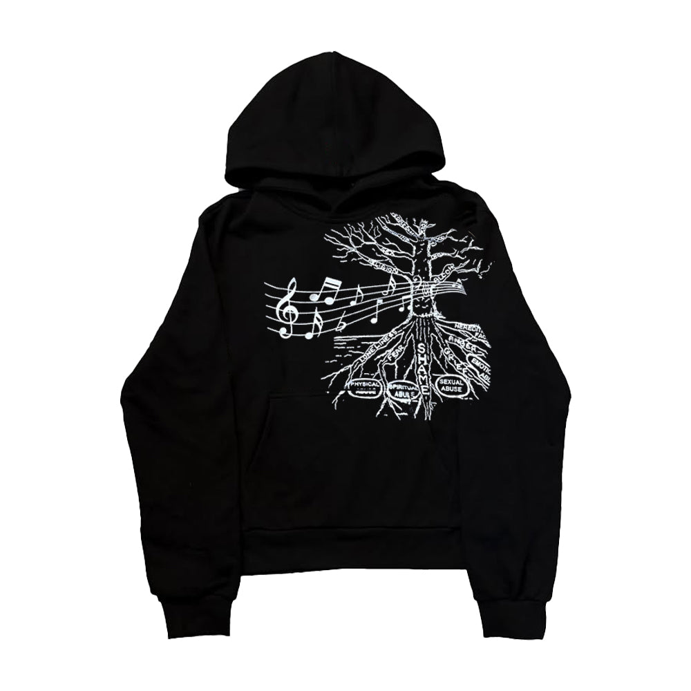 Unseen Echoes “Roots of Noise” Hoodie — Black Tree Graphic Print