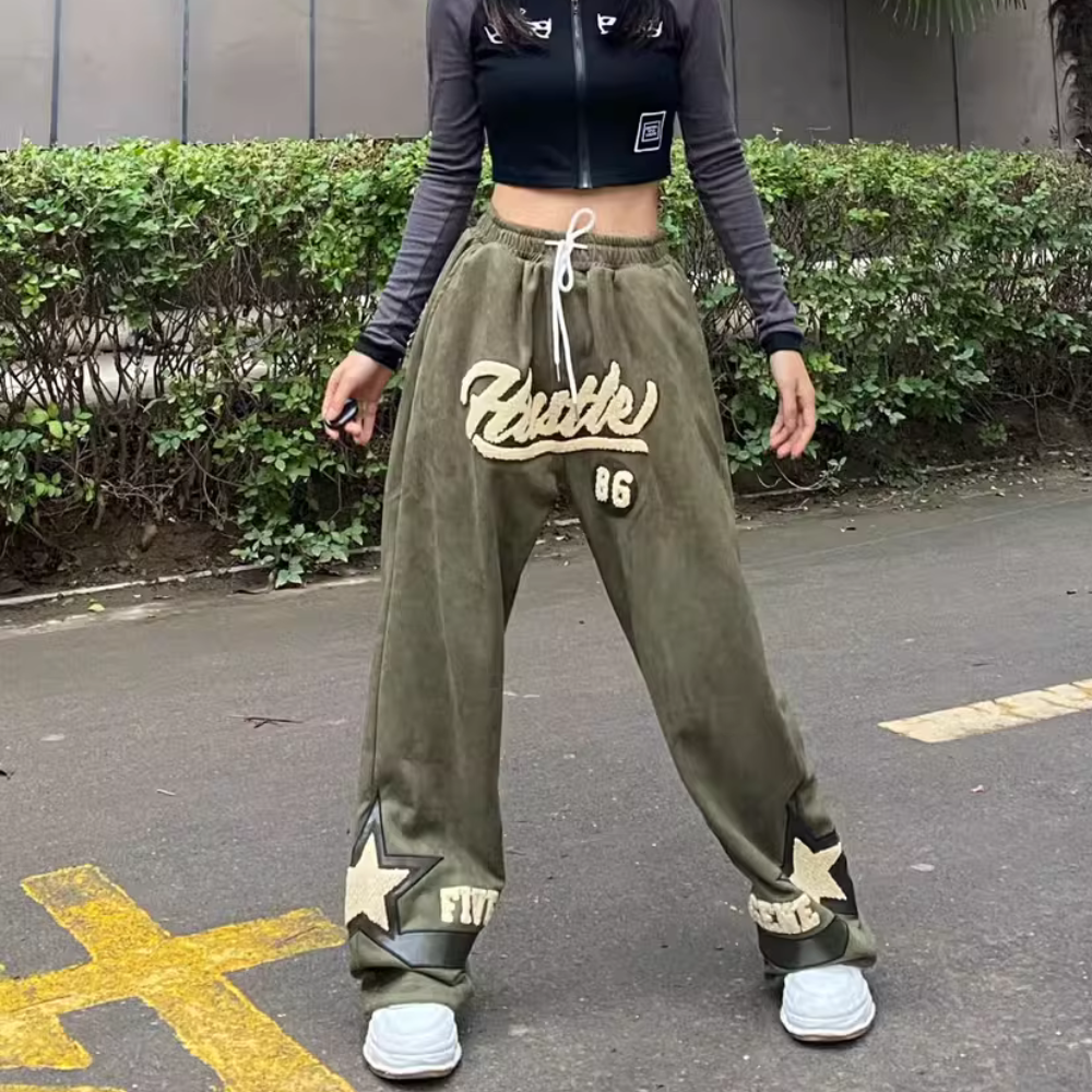 Letter flocking PU stitching Sweatpants