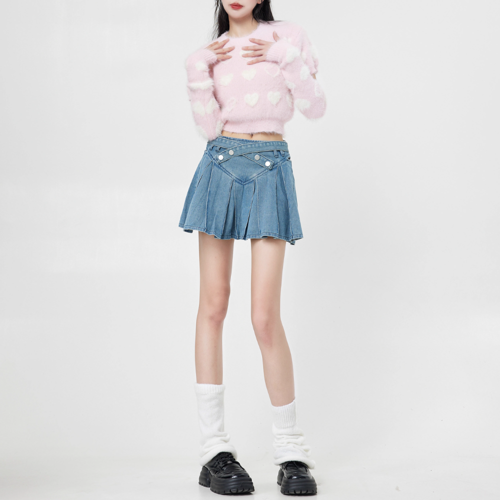 Women's Preppy Pleated Denim Skirt