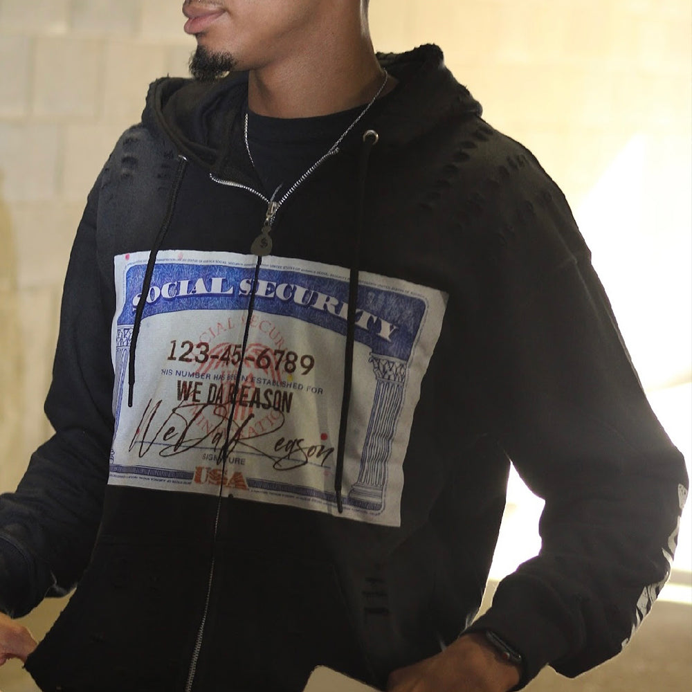 Evokyn Rhinestone Vintage Washed Social Security Zip Hoodie