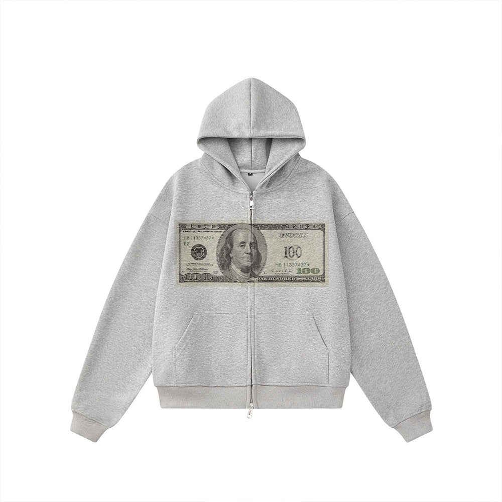 Evokyn Vintage Money Print Graphic Zip Up Hoodie