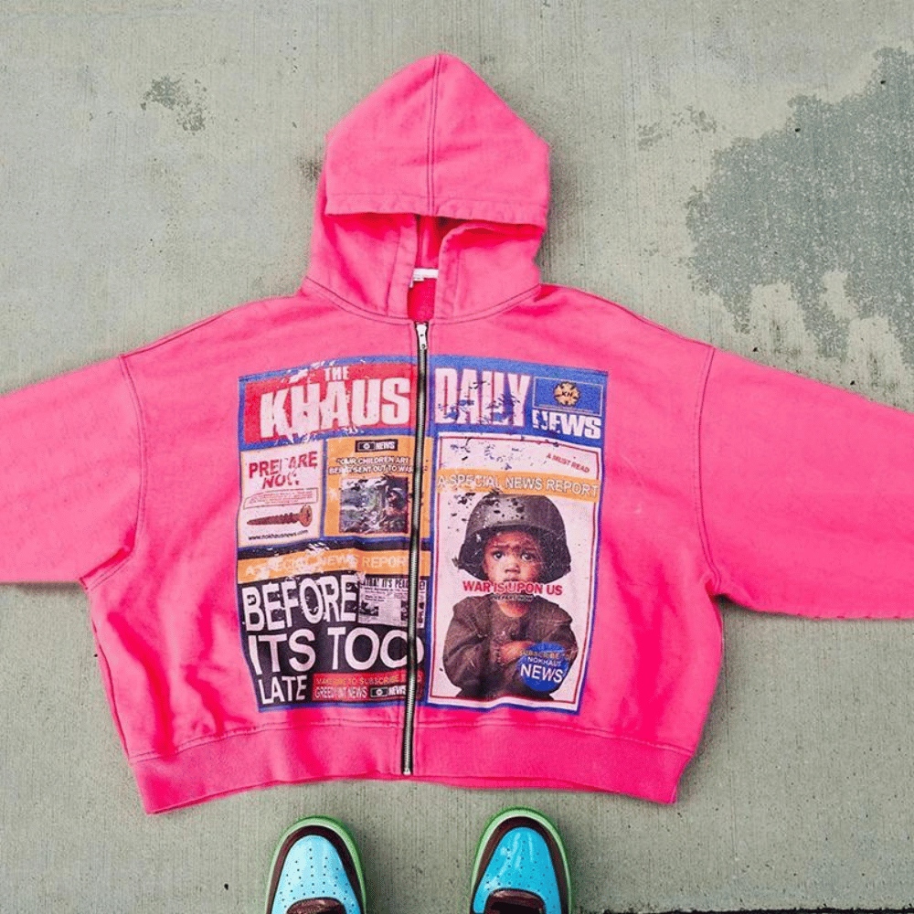 Vintage Washed “Chaos Daily” Newspaper Graphic Zip Hoodie