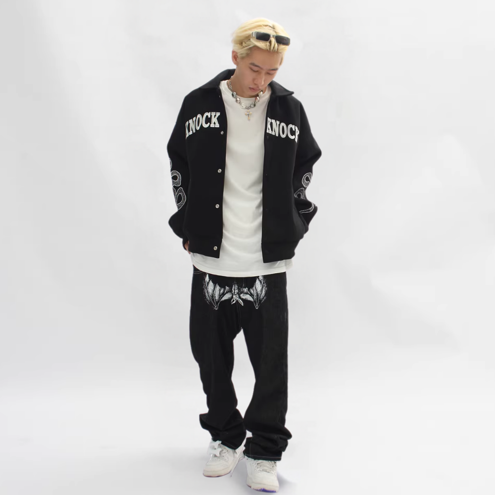 DF| Bat Mask Man Print Jeans