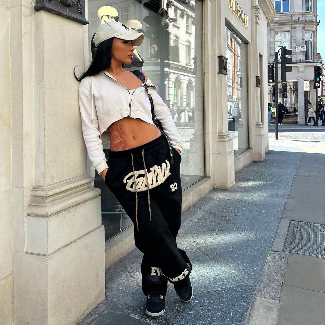 Letter flocking PU stitching Sweatpants