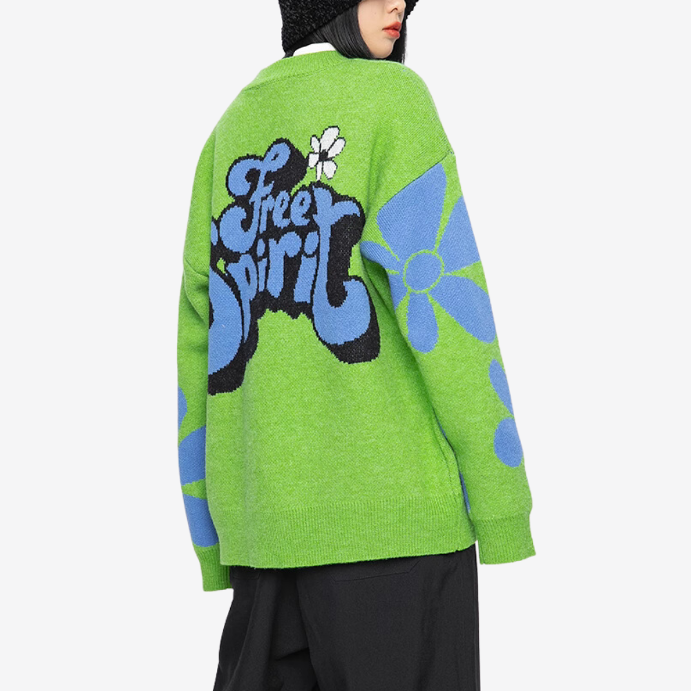 Women's Loose Blue Sunflower Sweater