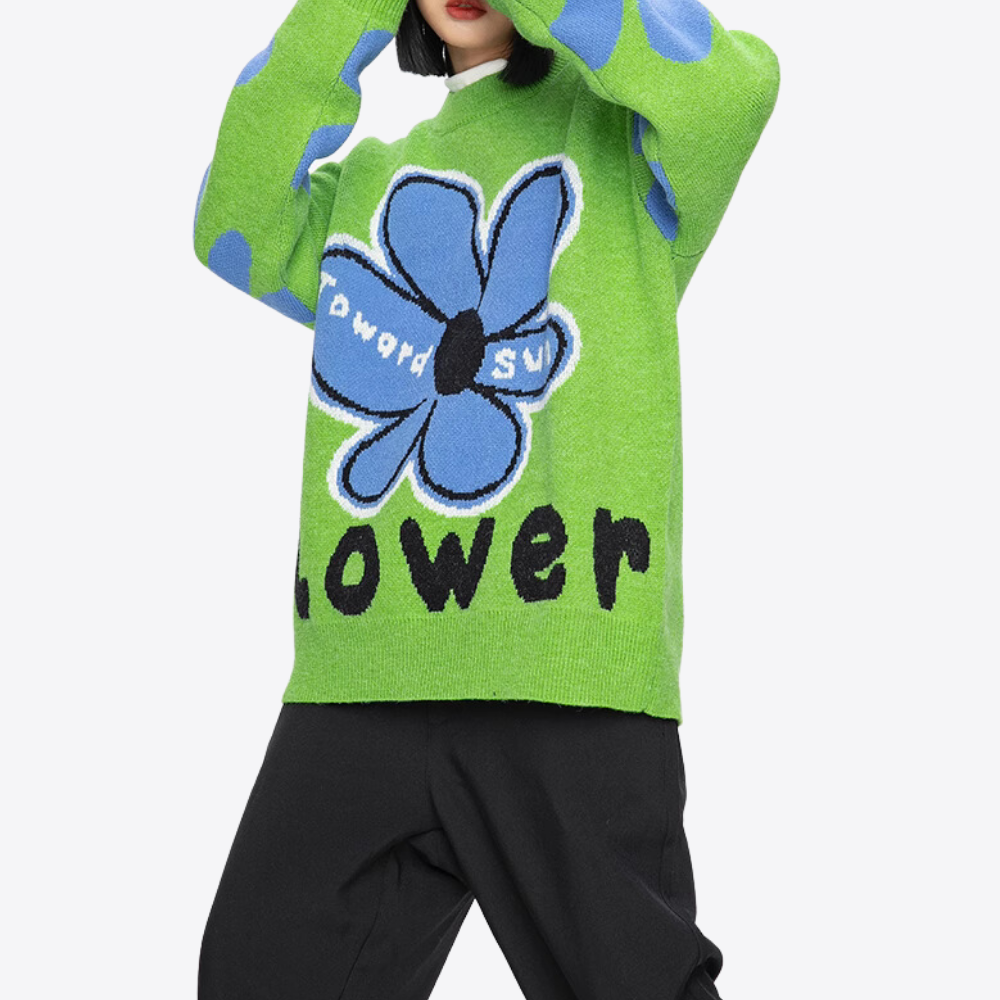 Women's Loose Blue Sunflower Sweater
