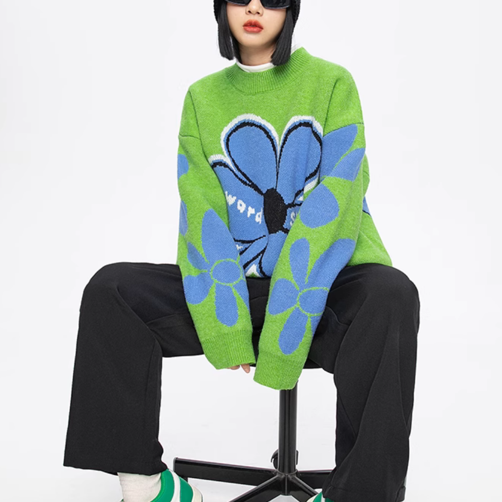 Women's Loose Blue Sunflower Sweater