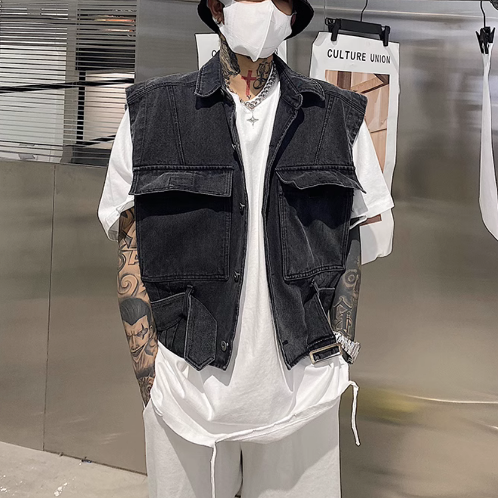 High Street Multi-Pocket Cargo Denim Vest