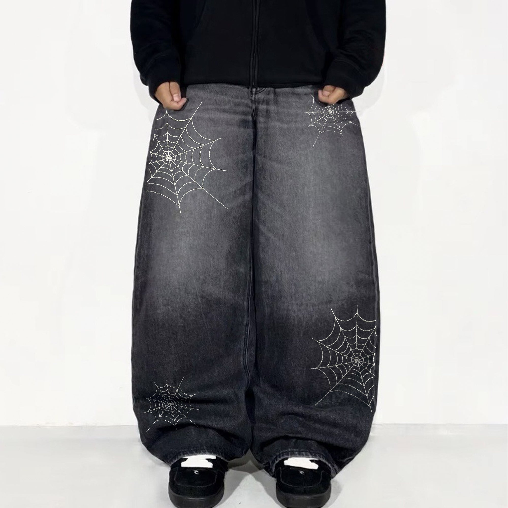 Vintage Embroidered Jeans with Spider Web Design