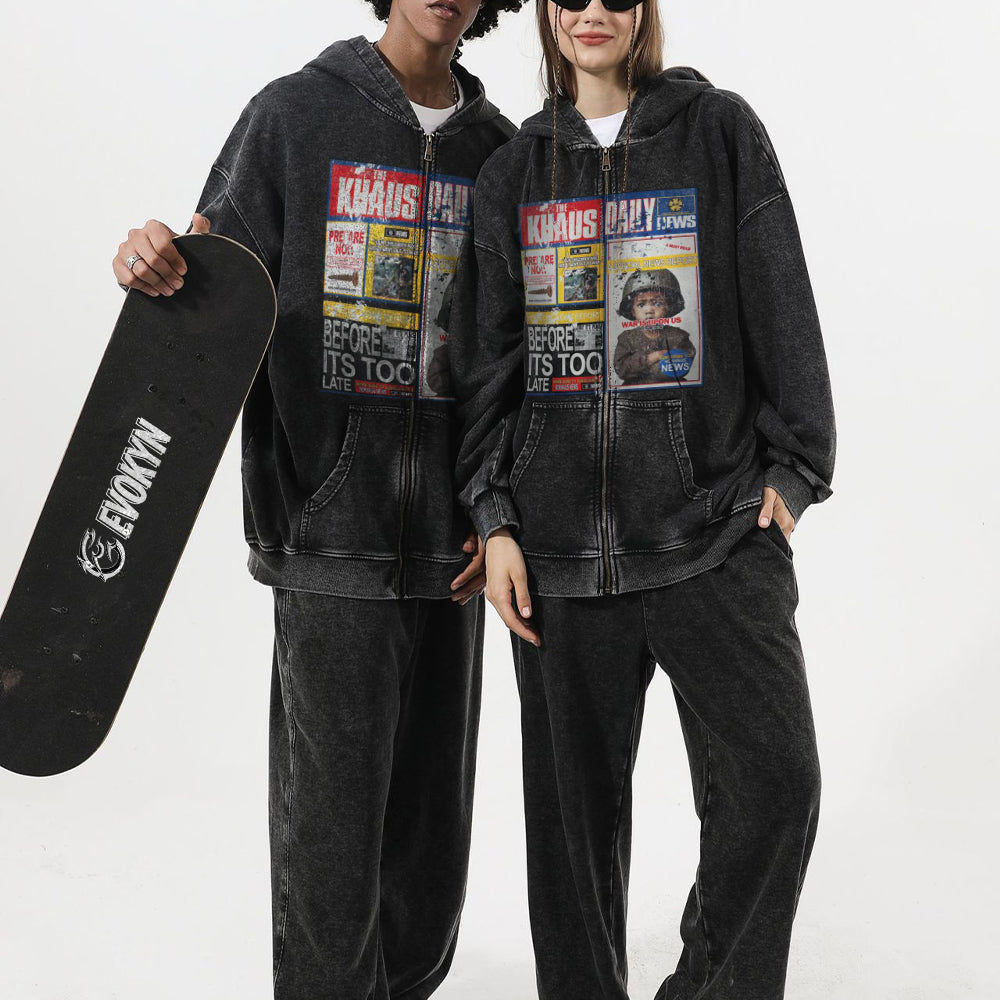 Vintage Washed “Chaos Daily” Newspaper Graphic Zip Hoodie