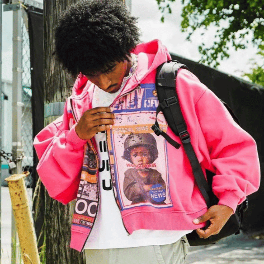 Vintage Washed “Chaos Daily” Newspaper Graphic Zip Hoodie