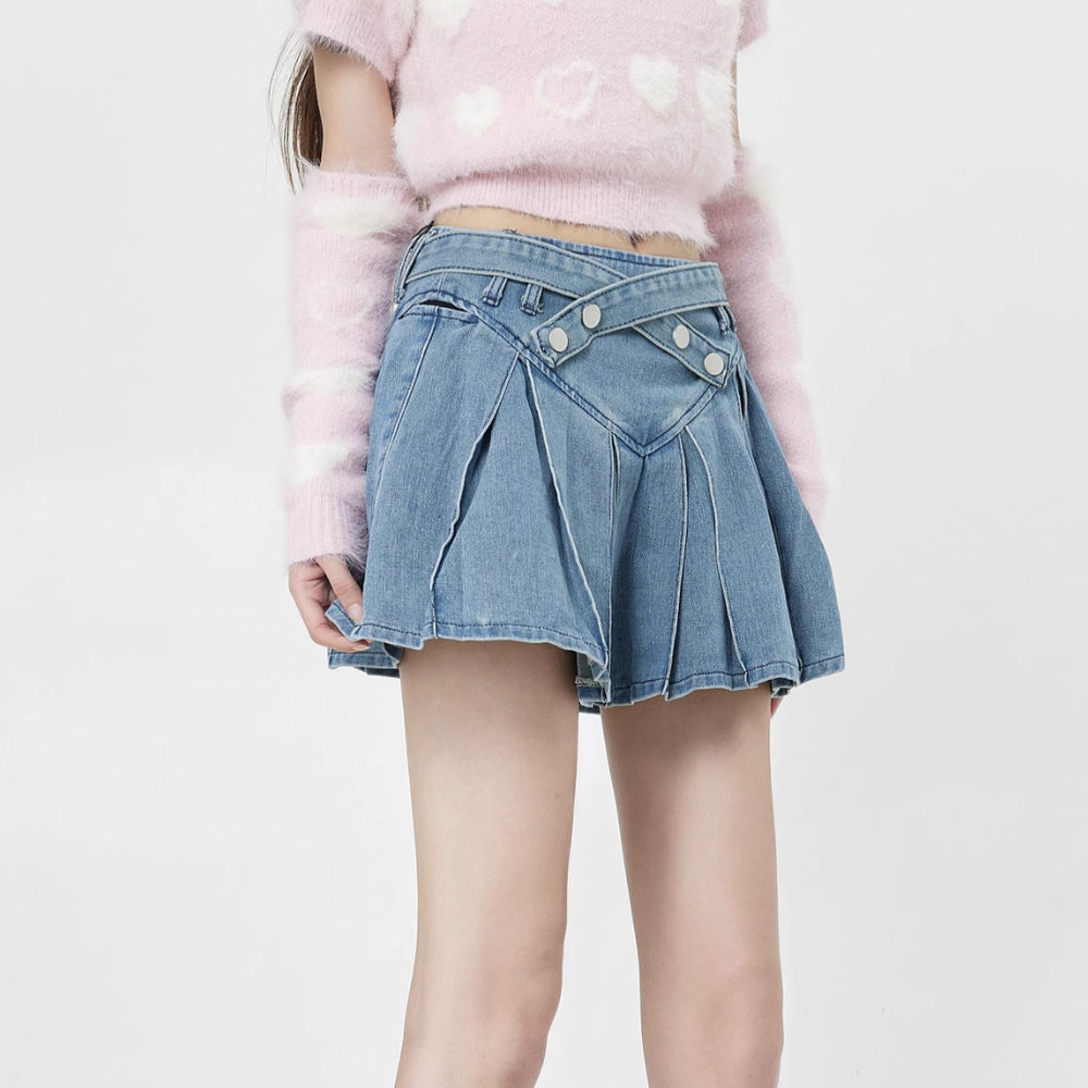 Women's Preppy Pleated Denim Skirt