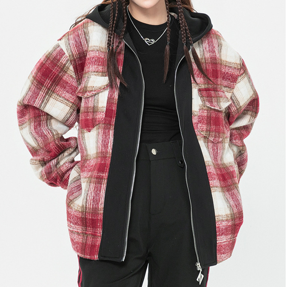 American Plaid Woolen Hooded Jacket