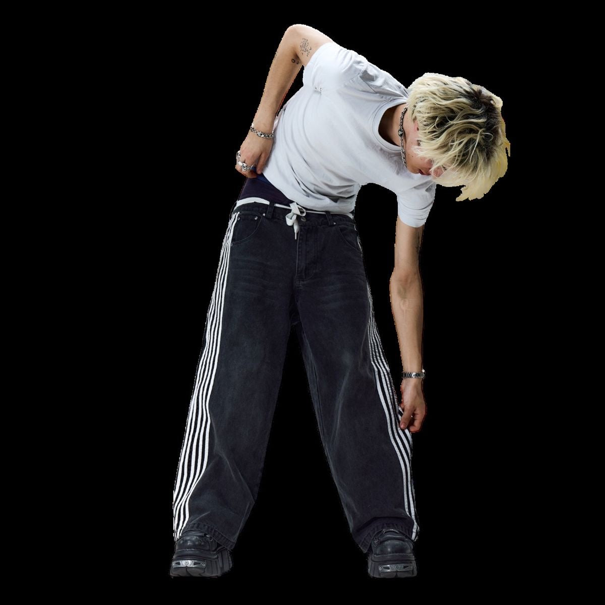 Unseen Echoes “Triple Line” Wide-Leg Denim — Black Striped Jeans