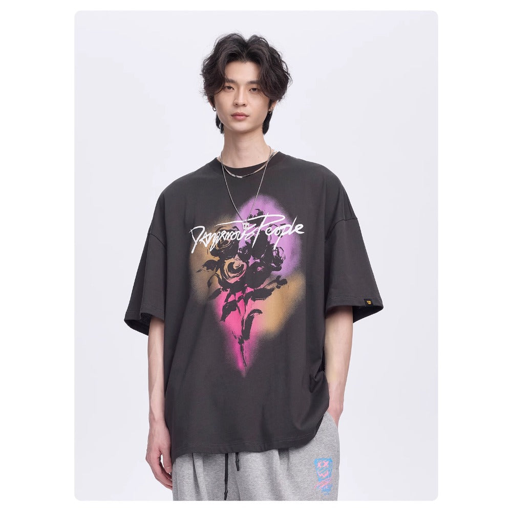 Street Philanthropist Vintage Street Rose Trend Loose Casual Versatile Short Sleeve T-Shirt