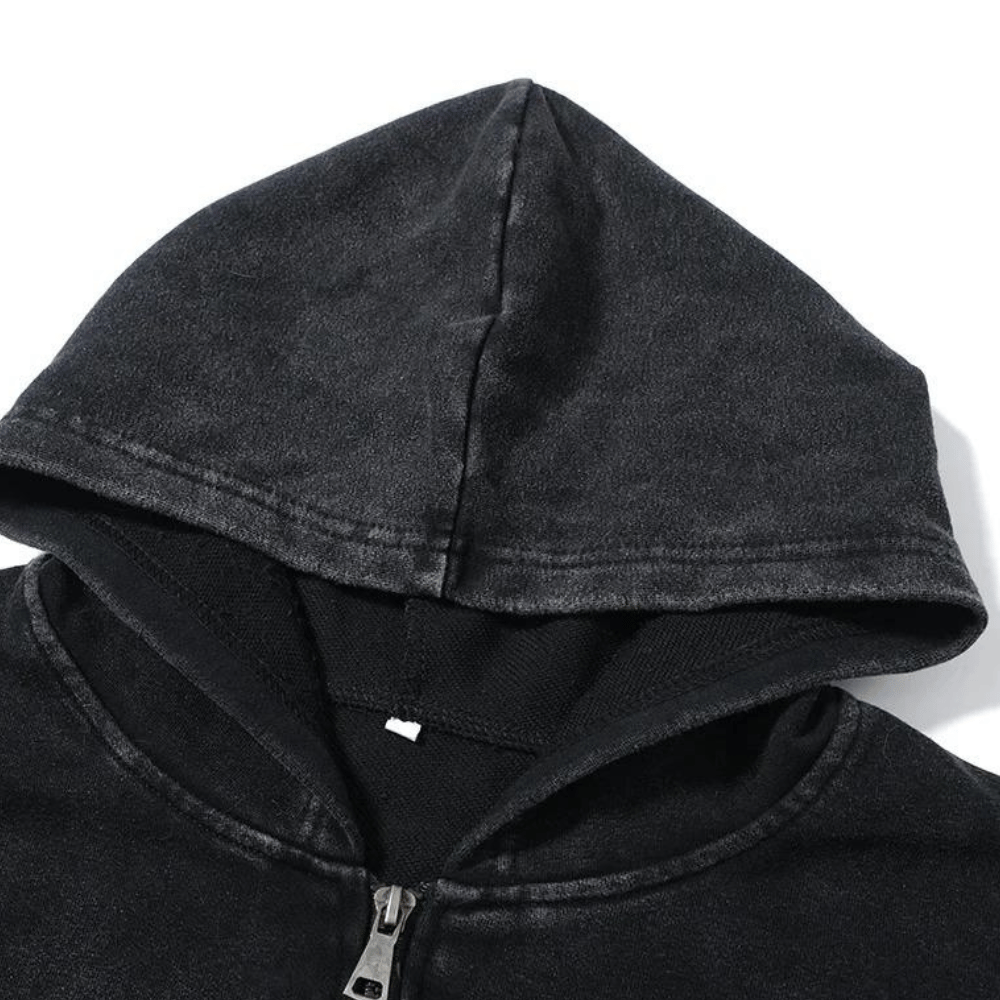 Vintage Washed “Chaos Daily” Newspaper Graphic Zip Hoodie