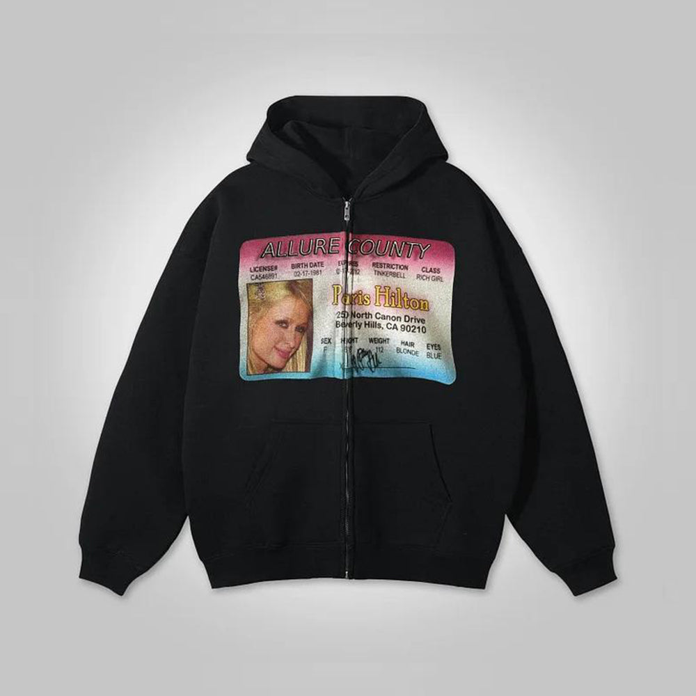 Evokyn California License Paris Hilton ID Zip Hoodie