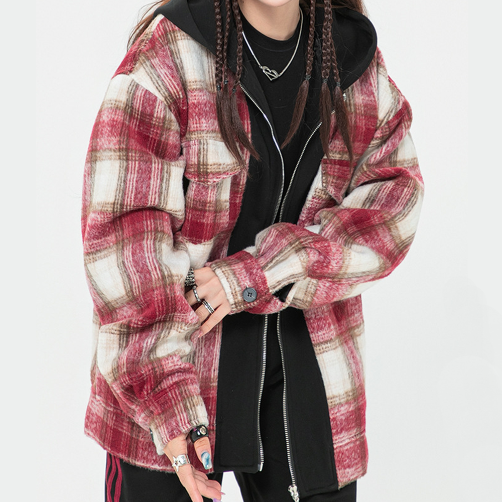 American Plaid Woolen Hooded Jacket