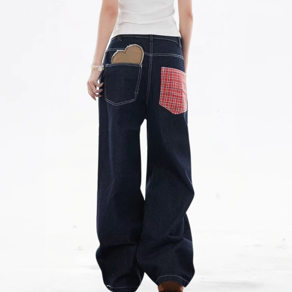 DF| Plaid Heart Patch Jeans