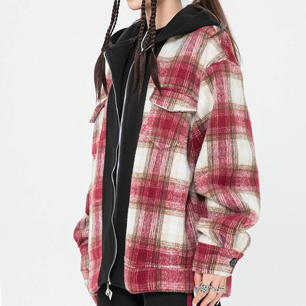 American Plaid Woolen Hooded Jacket
