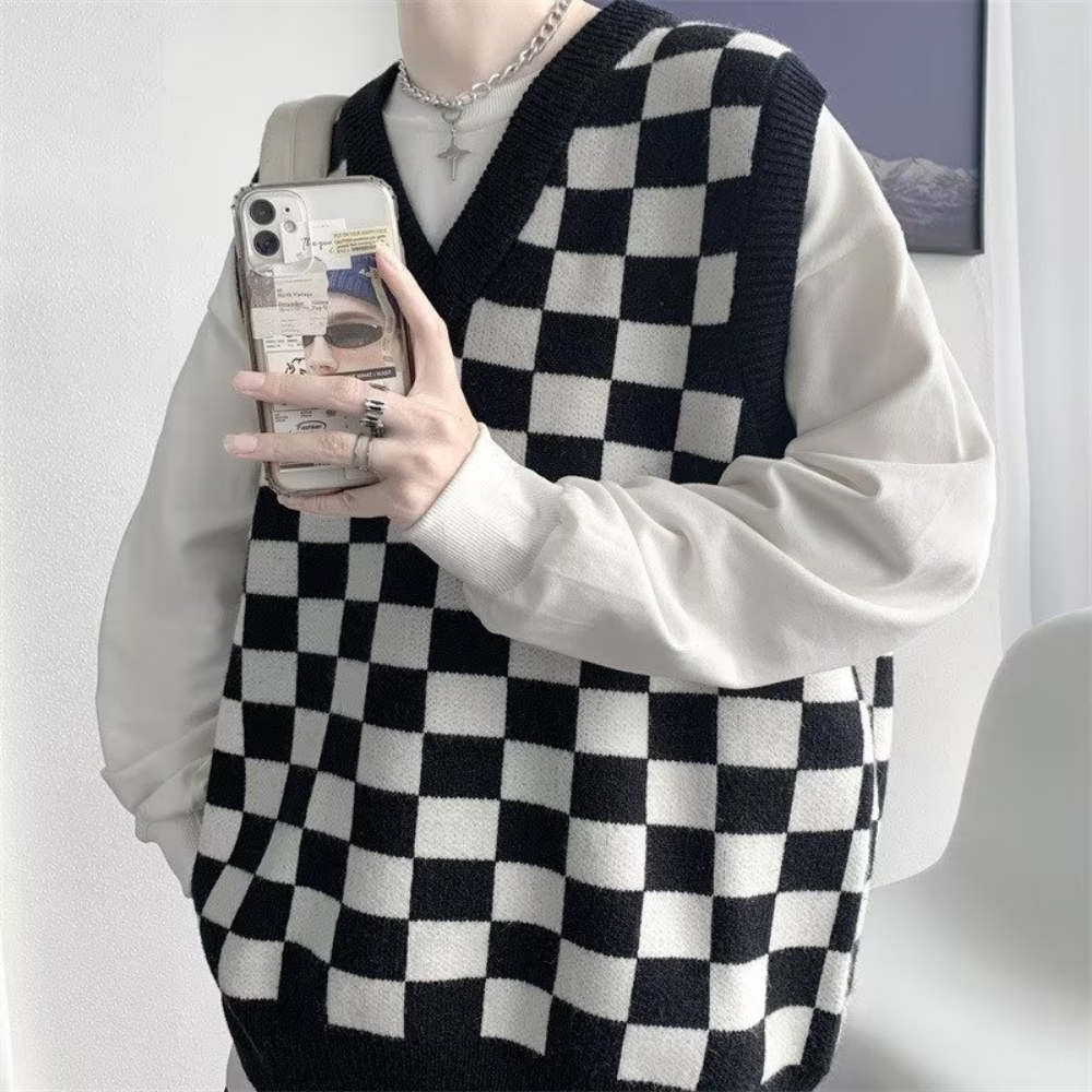 Casual Checkerboard Knitted Vest