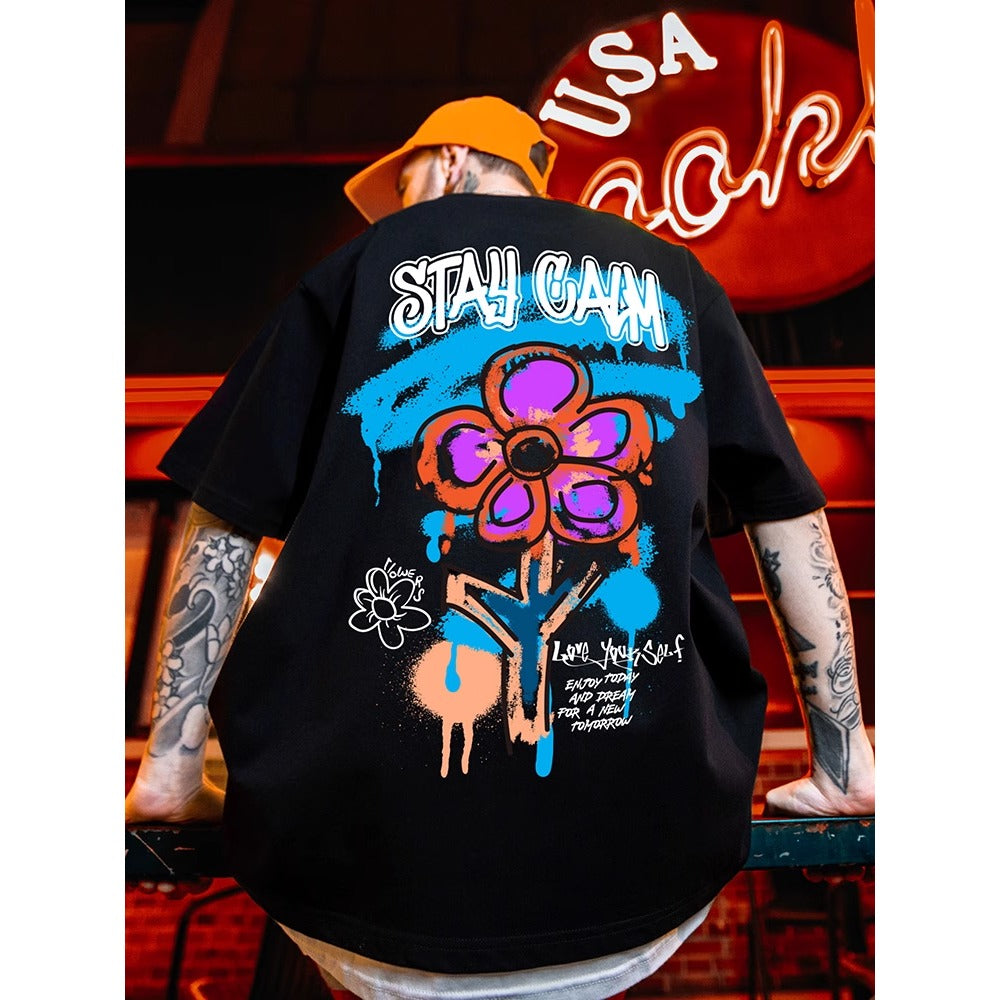 Street Philanthropist Flower Graffiti Short Sleeve T-Shirt