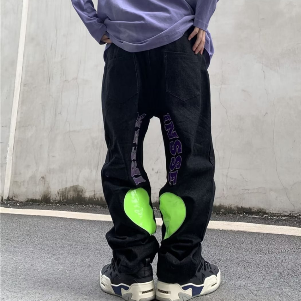 DF| Shiny Heart Letter Patch Jeans