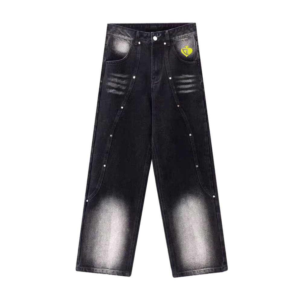 DF| Washed Rivet Letter Patch Jeans