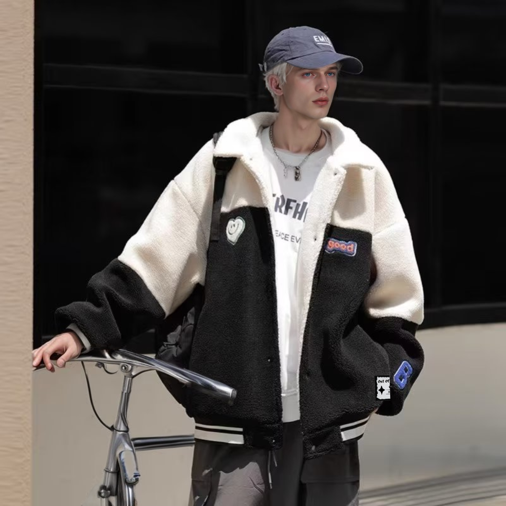 OOC' Heart Embroidery Colorblock Lapel Sherpa Coat