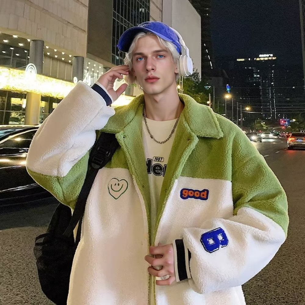 OOC' Heart Embroidery Colorblock Lapel Sherpa Coat